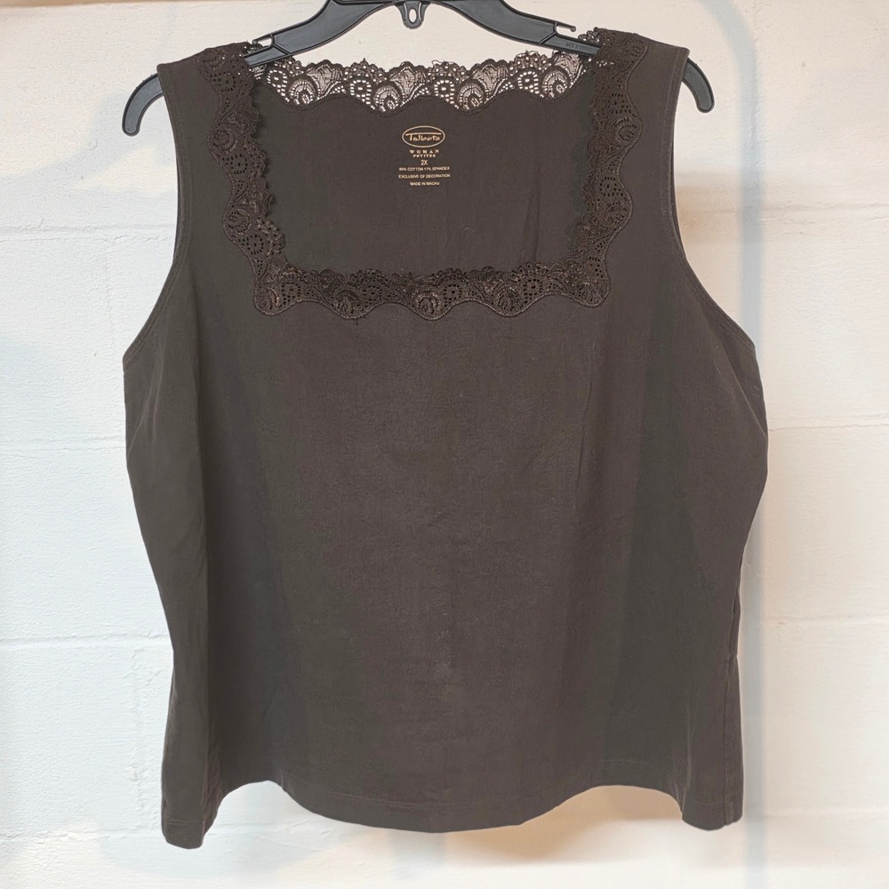Y2K Talbots Brown Lace Trim Square Neck Tank Top Shell Womens 2X Petite